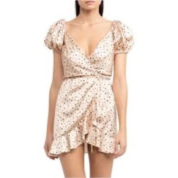 Significant Other Dress Womens 2 Nyssa Polka Dot Mini Wrap Beige Black Ruffle - Picture 1 of 7